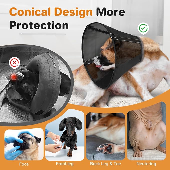 Breathable Mesh Dog Cone Collar for Surgery, Soft Elizabethan Recovery Alternative to Stop Licking,Pet Neck Collar for Large Medium Small Breeds, XXL, Matte Black