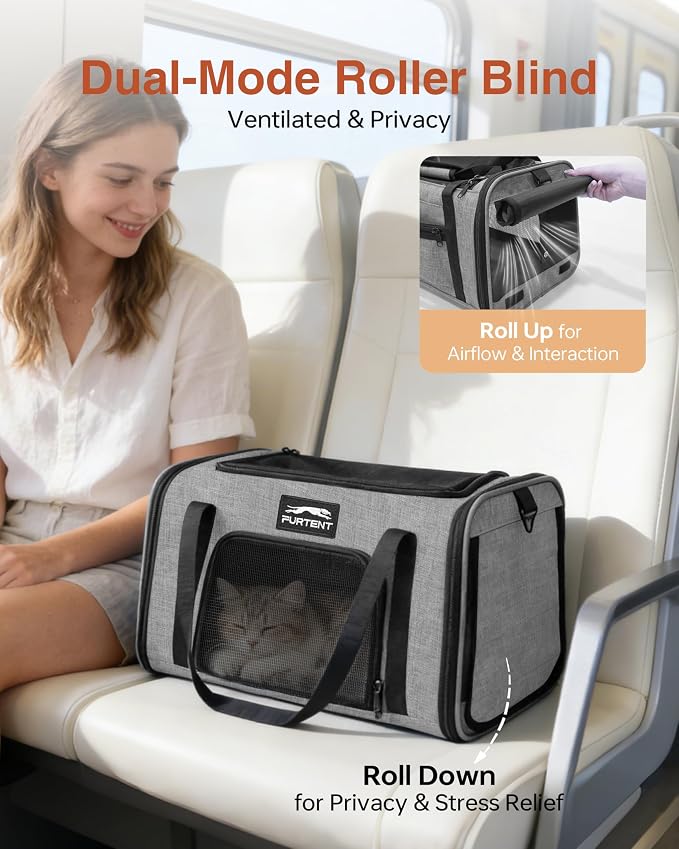 17x11x9.5 Pet Carrier Airline Approved, Cat Carrier with Litter Box, Soft Sided Cat Dog Carrier Up to 15 lbs, Breathable Travel Pet Carrier with Calming Curtain, Storage Bag & Poop Dispenser, Grey