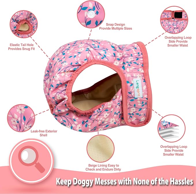 Langsprit Washable Female Dog Diapers - Doggie Reusable Diapers for Doggy Puppy Female in Period - Highly Absorbent Dog Heat Panties Flower-1 M