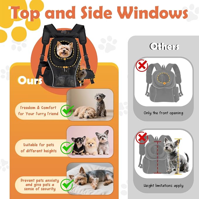 WOYYHO Pet Dog Carrier Backpack with Top and Side Windows, Small Dog Front Backpack Ventilated Mesh Dog Back Pack with Safety Belt for Travel Hiking Outdoor Adventures (Size S: 2-4.5 lbs, Black 2.0)