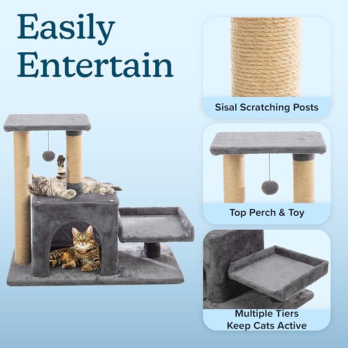24.5in Small Cat Tree Tower - Cat Tower with Napping Perches, Kitten Condo, 2 Rope Scratching Posts, and Hanging Toy - Multi-Level Kitten Tree and Climbing Activity Furniture by PETMAKER (Gray)