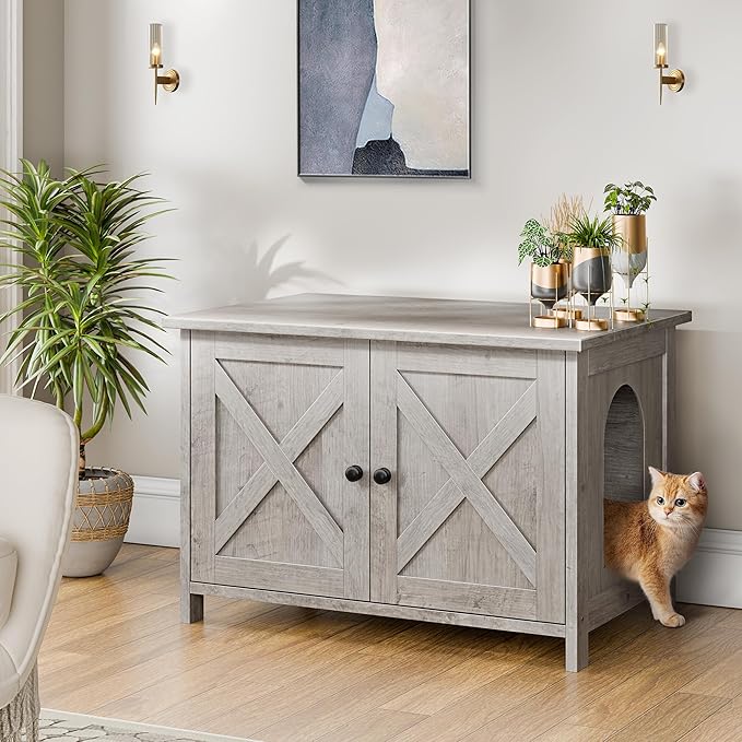 Shintenchi Cat Litter Box Enclosure, Litter Box Furniture Cabinet Hidden with Removable Divider, Wooden Cat House with End Table, Ash Oak Grey, 31.5 inch