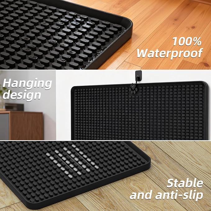 Dog Food Mat, 26"x13" Silicone Dog Feeding Mat Waterproof Pet Feeding Mat with High Lips & Raised Texture Keeps Paws Dry, Non-Slip Easy to Clean, Prevent Spill Protect Floors, Black