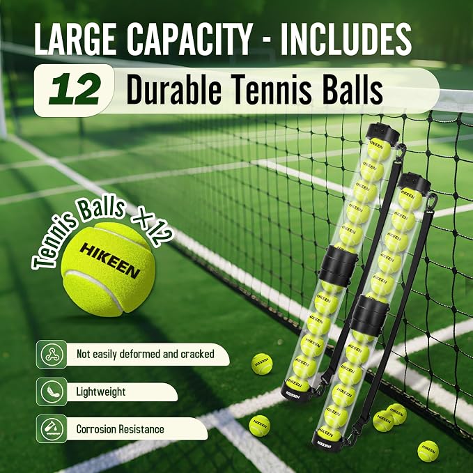 Hikeen Durable Tennis Ball Pick up Tube with 6/12 Tennis Balls,Quick Pickup & Storage Tennis Ball Tube with Shoulder Strap for Tennis Accessories - Includes 6/12 Balls