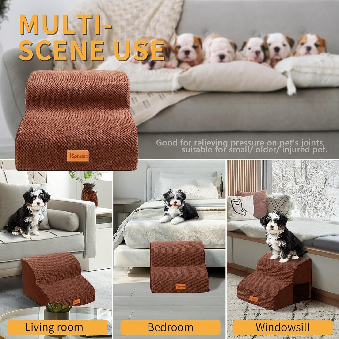 Topmart High Density Foam Pet Steps 2 Tiers,11.8" High,Non-Slip Dog Stairs & Ramp,Soft Foam Dog Ladder,Best for Injured,Older Cats,Pets with Joint Pain,Suitable for Low Sofas,Stairs,Lower Place