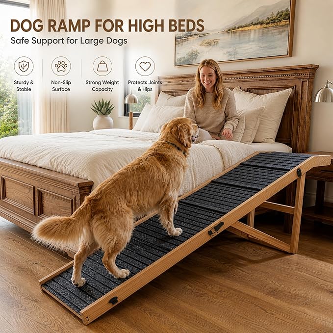 Extra Large Dog Ramp 63‘’L for High Bed, Couch & SUV – 200 Lb Heavy Duty Solid Wood Pet Ramp, 6 Adjustable Height – Portable Stable Non-Slip Steps for Medium to XL Dogs