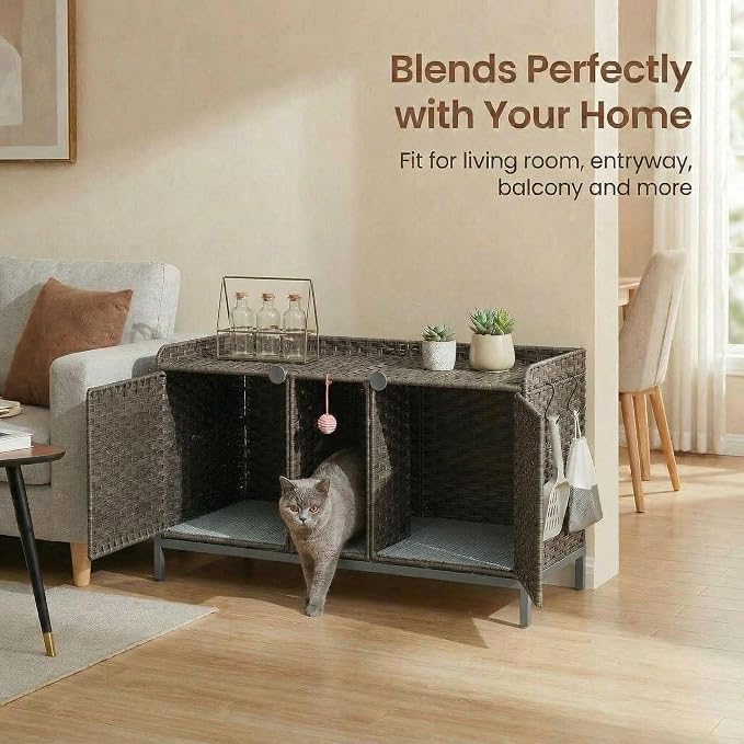 Cat Litter Box Enclosure Furniture, Handwoven Rattan Hidden Cat Washroom Cabinet with Door, Mat and S-Shaped Hooks, Large Cat House for Living Room or Bedroom, Gray