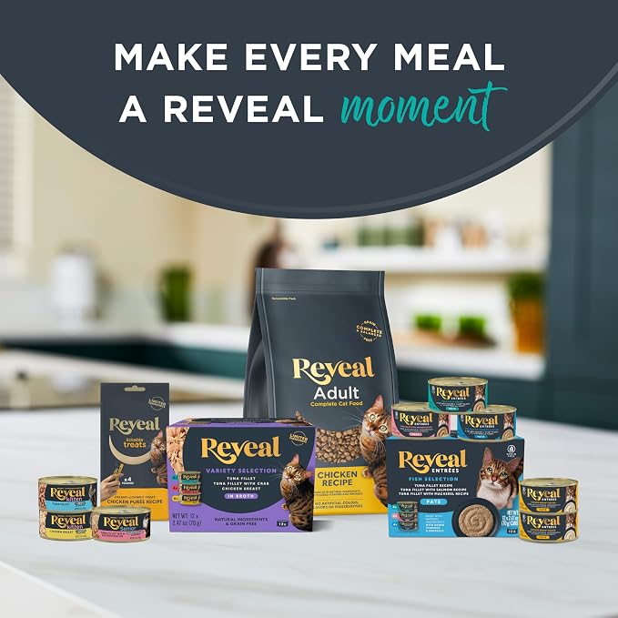 Reveal Fish and Chicken Variety Puree Lickable Cat Treats 20-Pack, Limited Ingredient, Grain Free, Protein Squeeze Up Cat Treats for Training or Food Topper (20 x 0.5 oz Pouches)