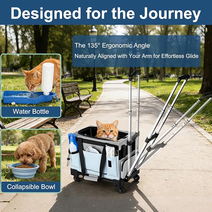 Pet Carrier with Wheels for Cats & Small Dogs, Airline Approved Cat Carrier, Expandable Soft Sided Pet Travel Carrier with Removable Trolley, Mesh Ventilation, Includes Water Bottle & Collapsible Bowl