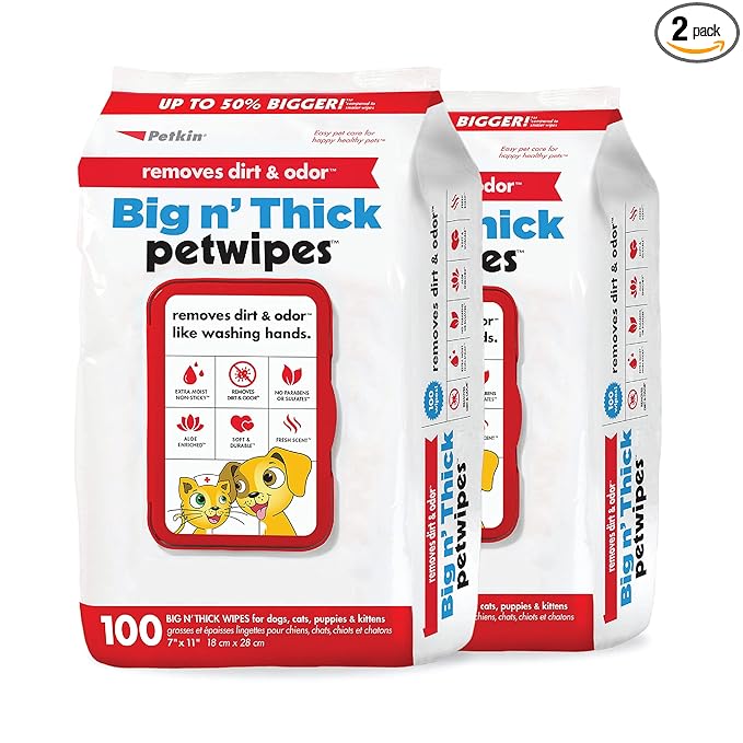 Petkin Pet Wipes for Dogs and Cats, 200 Large Wipes - Removes Dirt & Odor Like Washing Hands - Cleans Ears, Face, Butt, Eyes Area - Convenient, Ideal for Home or Travel - 2 Packs of 100 Wipes