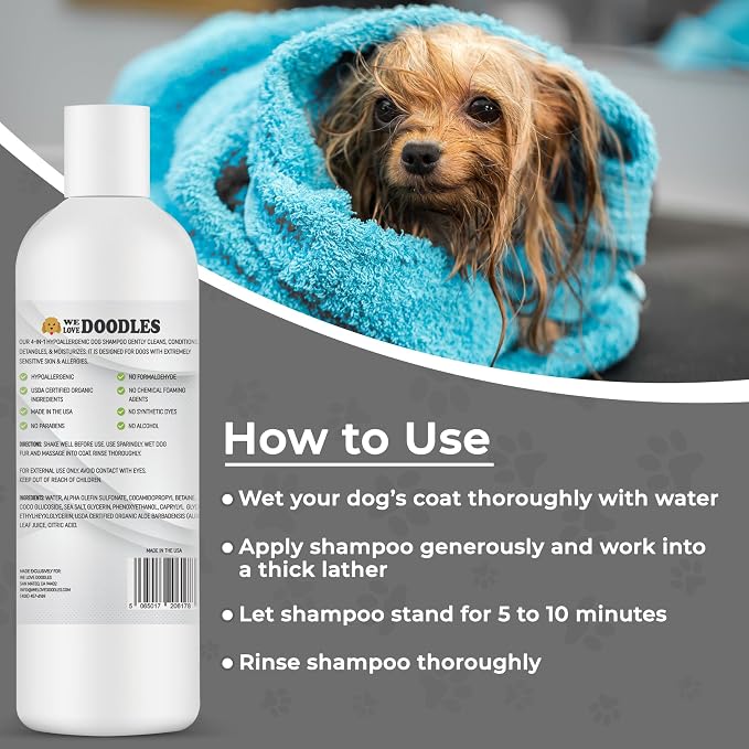 We Love Doodles Hypoallergenic Dog Shampoo, Conditioner & Detangler and Pet Bath Brush, Sensitive Skin & Allergies, Made in USA, Grooming Brush for Shower Scrubbing & Soothing