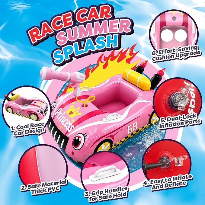 Inflatable Pool Floats for Kids with Water Gun, Race Car Toddler Pool Float for Boys, Ride-on Pool Toy with Built-in Squirt Gun Unlimited Ammo,CPC Certified Summer Outdoor Water Toys Ages 3-8