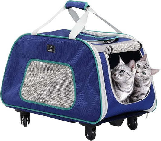 A 4 Pet Dog Carrier with Wheels,Foldable Rolling Pet Carrier Up to 33 LBS with Removable Base, Extendable Handle & 4-Wheels Design, Mesh Ventilation Windows and Safety Rope,Navy Blue