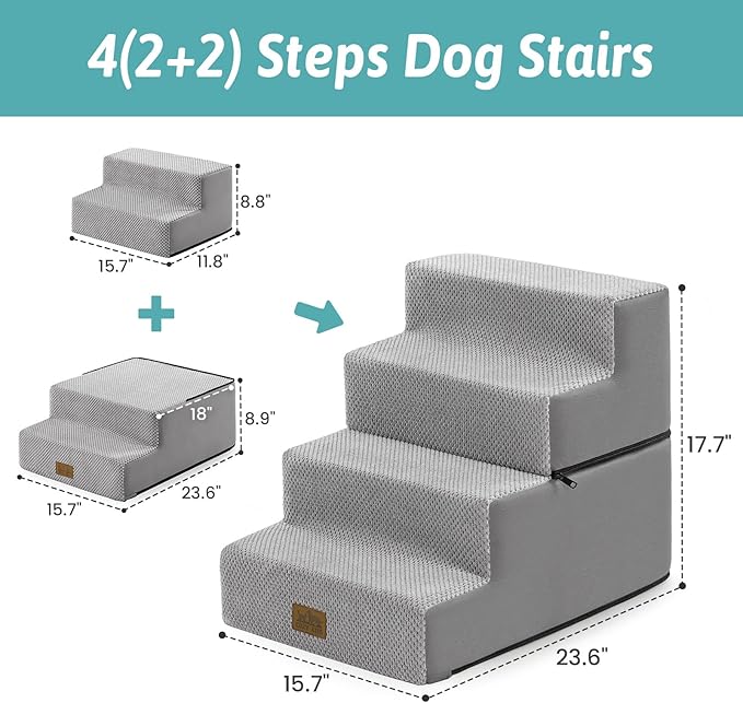 COZY KISS Dog Stairs for Small Dogs, 4 Tier Removable Pet Stairs for Couch and Bed, 17.7" H Dog Steps for Old Cats, Puppy, Small Dogs, 15.7x23.6x17.7 inch, Gray