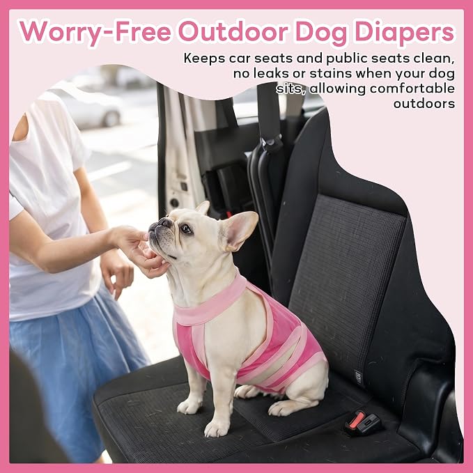 PUMYPOREITY Frenchie Diapers – Tailored for Short Back & Thick Waist, Reusable Washable Solution for Marking, Accidents, Travel & Home Use, Easy to Wear for Male or Female Dogs, Pink, L
