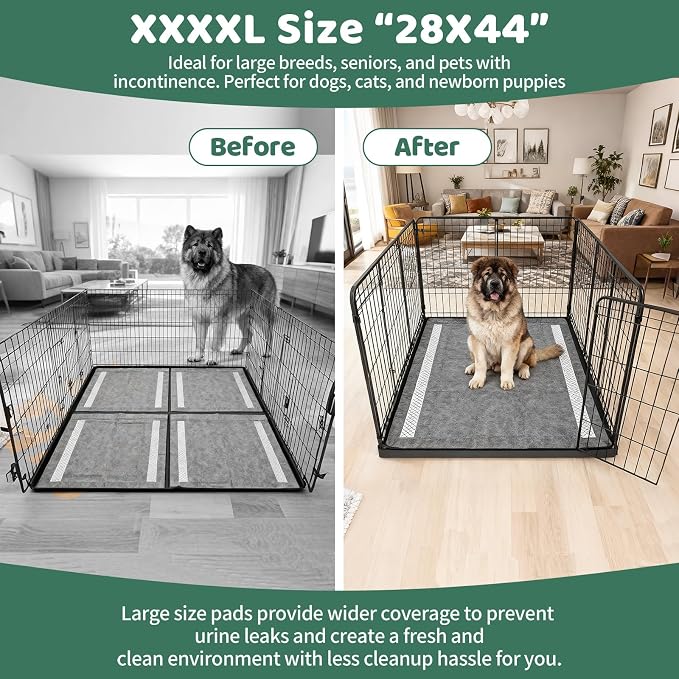 Gimars XXL 28"x44" 6-Layer Ultra Absorbent Pee Pads for Dogs, Leak-Proof Odor-Control Puppy Training Pads, Quick Dry Black Pet Pads 30 Counts Charcoal