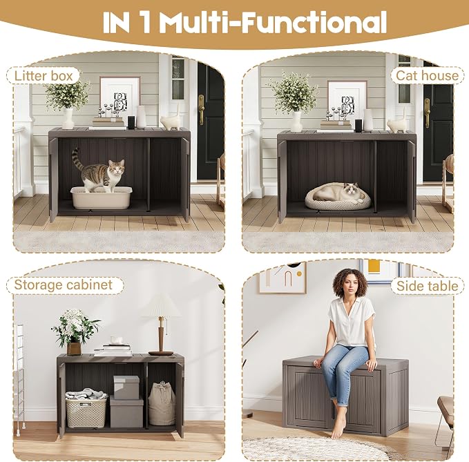 Cat Litter Box Enclosure, Covered Cat Litter Box with Adjustable Partition, Multi-Functional Hidden Enclosed Litter Box Furniture, Easy to Clean & Assemble, Grey