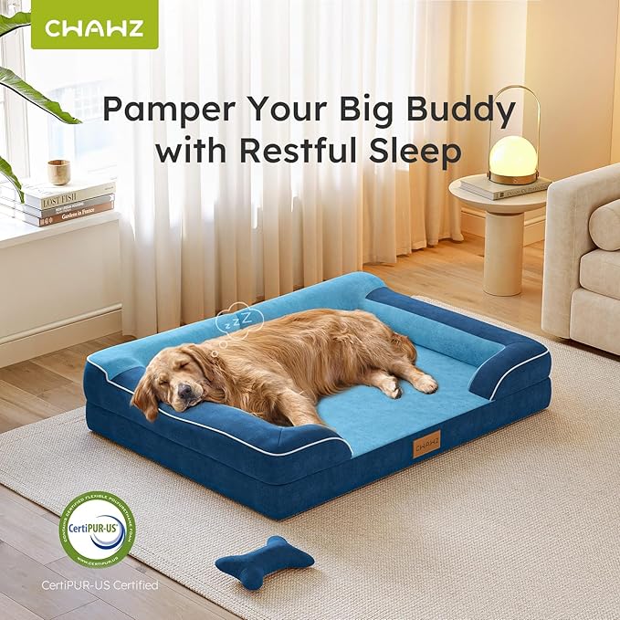 CWAWZ Extra Large Dog Bed, Orthopedic Dog Bed with Cooling Gel Memory Foam, Waterproof XL Pet Bed with Removable Washable Cover, 42" Pet Sofa Couch Dutch Velvet with Bone Toy, Navy Blue