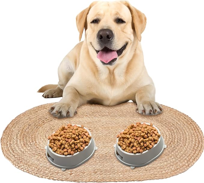 Tinideya Braided Jute Dog Bowl Mat 31 x 20 Inch Pet Food Rustic Mat Natural Cat Placemats for Food and Water Dish Oval Rug Non Toxic Feeding Mats for Pet Bowl or Farmhouse Decor