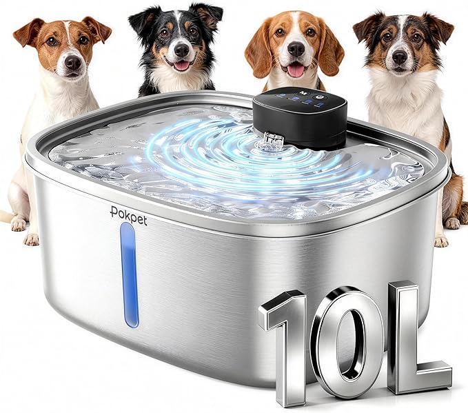 Dog Cat Water Fountain 10L Metal Wireless Dog Water Fountain Stainless Steel Water Bowl for Small Large Dog,Fresh Flow Large Capacity Dog Dispenser, Wider Drinking Area, Ultra-Quiet - 8 Filter