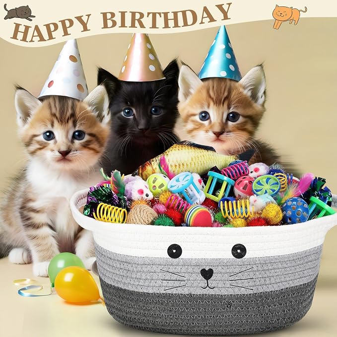 Zopeal 58 Pcs Summer Graduation Cat Storage Basket Gift Toys Set, Colorful Flashing Balls Pet Bell Crinkle Balls Spring Toys Attract Cat to Swat, Hunt, Interactive for Pet(Multicolor,12 Inch)