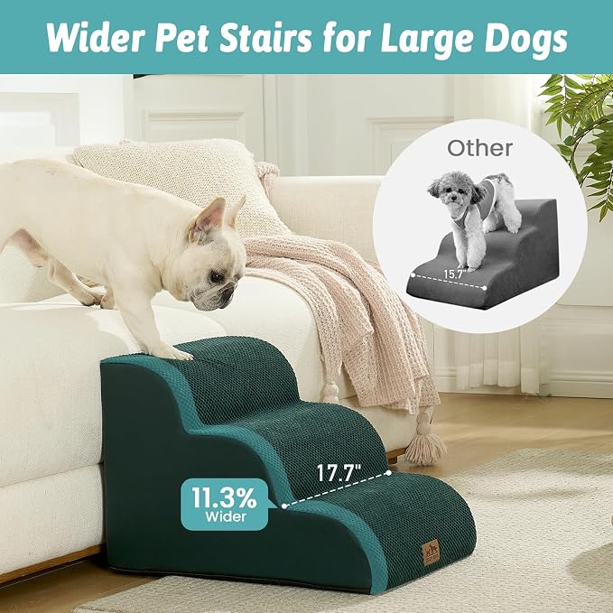 COZY KISS Wide Dog Stairs for Small Dog 15.7" H, Pet Step for Puppy, Older Cat, Curved Ramp for Couch, Durable Anti-Slip Ladder with High Density Foam, 3 Step, 17.7x22.4x15.7 inch, Dark Green
