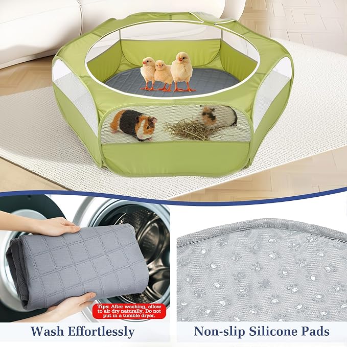 2-in-1 Small Animals Playpen with Pad, Waterproof Small Pet Cage Tent with Reusable Pad, Portable Outdoor Yard Fence with 3 Metal Rod for Chick/Kitten/Puppy/Guinea Pig/Rabbits/Chinchillas, Green+Gray