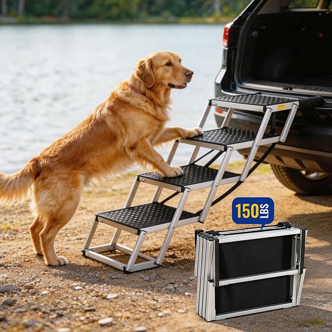 Foldable Dog Ramp for Car - Lightweight Aluminum Dog Stairs for Large Dogs, 5-Step Dogs Ladder for SUV/Truck/Indoor Bed and Sofas, Portable Pet Steps with 154 lbs Capacity