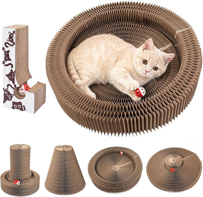 Coppthinktu Cat Scratcher, Interactive Cat Toys for Indoor Cats, Foldable Accordion Cardboard Scratching Board with Bell Ball, Cat Toy for Kitten Play, Chase & Exercise