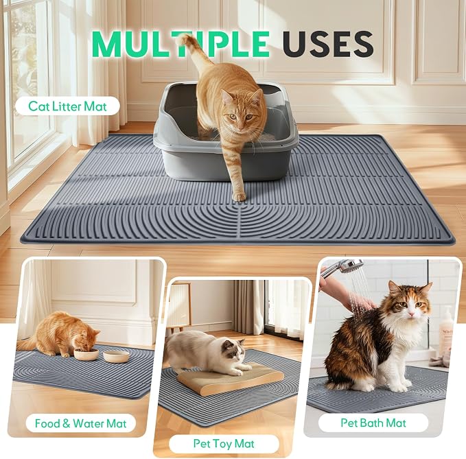 Pawtasy Cat Litter Box Mat,47" x 35" Extra Large Silicone Waterproof Litter Trapping Mat for Scatter Control Soft on Kitty Paws Non-Slip Easy to Clean