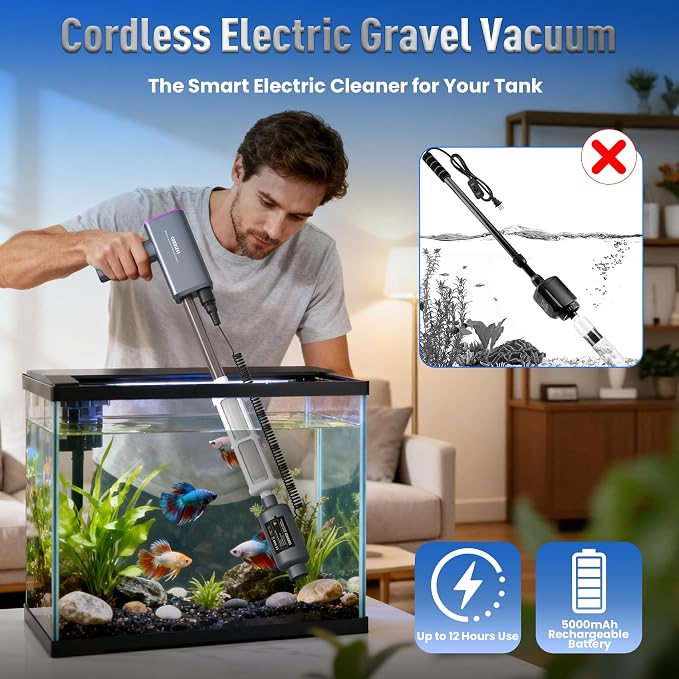 Cordless Aquarium Vacuum Gravel Cleaner: 36W Electric Rechargeable Fish Tank Cleaner with 4 Adjustable Suction, Anti-Clog for Debris Clean & Sand Washing,Automatic Water Changer for Small/Large Tank