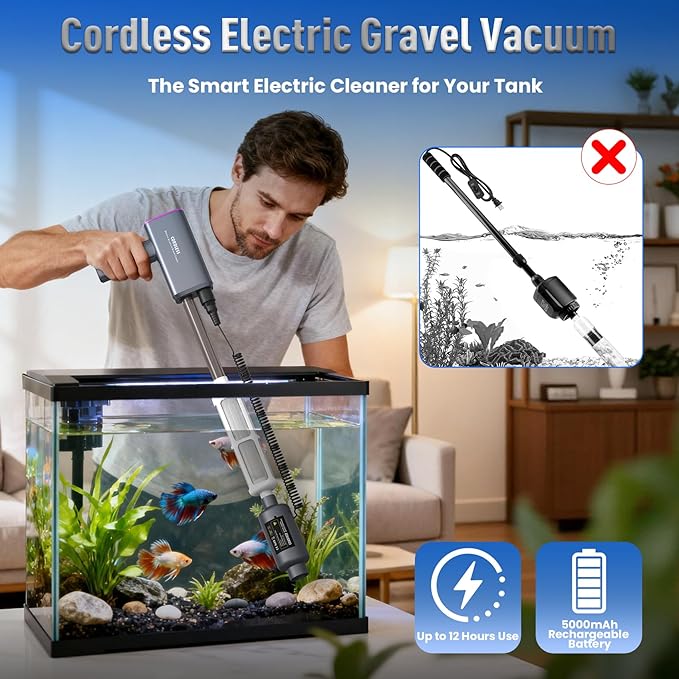 Cordless Electric Aquarium Gravel Cleaner:36W Rechargeable Fish Tank Cleaner with 4 Adjustable Suction, Anti-Clog for Debris Clean & Sand Washing,650GPH Automatic Water Changer for Small/Large Tanks
