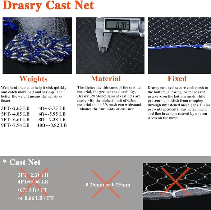 Drasry Saltwater Fishing Cast Net for Bait 3/8 1/4 or 1/2 with Heavy Sinkers Fish Trap Throw Net. Size 3ft/4ft/5ft/6ft/7ft/8ft/9ft/10ft Radius Freshwater Nets