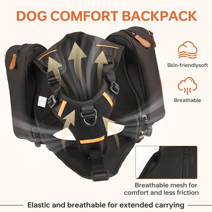 Dog Backpack for Medium & Large Dogs, Detachable Side Bags, Quick-Poop Bag Dispenser | No-Pull Adjustable Harness for Large-Chested Breeds | Non-Slip Handle for Hiking, Walking, Outdoor Adventures（M）