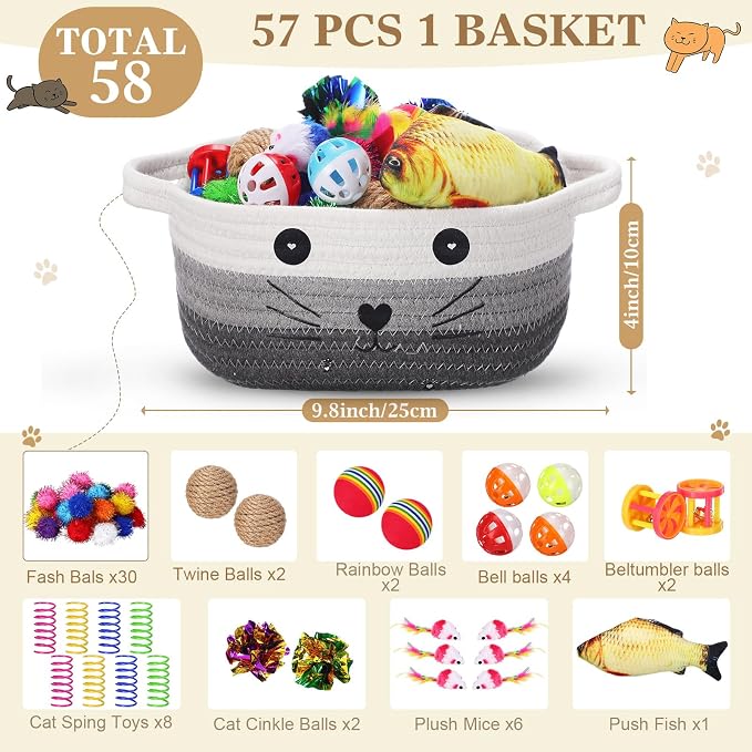 Zopeal 58 Pcs Summer Graduation Cat Storage Basket Gift Toys Set, Colorful Flashing Balls Pet Bell Crinkle Balls Spring Toys Attract Cat to Swat, Hunt, Interactive for Pet(Multicolor,9.8 Inch)