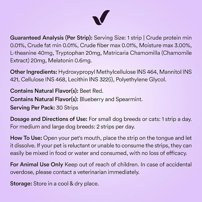 Pet Calming Oral Strips for Dogs and Cats – 60 Strips, Fast-Acting Anxiety Support Supplement with Melatonin and L-Theanine, Natural Support for Travel, Thunder, Grooming – Blueberry Mint