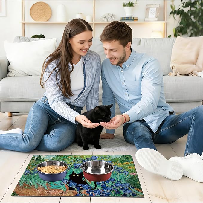 Black Cat Pet Feeding Mat, Absorbent Dog/Cat Food Mat for Food and Water Bowl, Non-Slip Quick Dry Pet Placemat Floor Protector for Messy Drinkers(16 x 24 in)