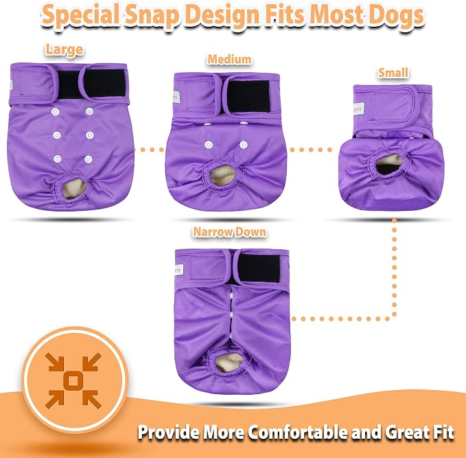 Langsprit Washable Female Dog Diapers (3 Pack) - No Leak Reusable Diapers for Doggy Female in Period - Highly Absorbent Dog Heat Panties with Adjustable Snaps (Black, Pink, Purple, Small)