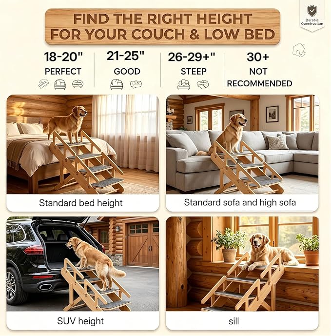 Double Safety Handrails 2 in 1 Adjustable Dog Stairs & Ramp for Small Medium Dogs & Old Cats, Foldable Wooden Pet Steps with Non-Slip Mat for Bed Couch Car Travel