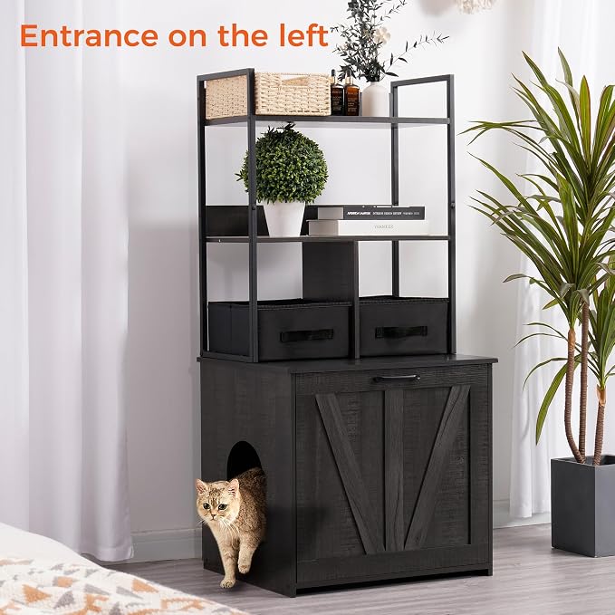 Dwanton Litter Box Enclosure with 2 Storage Shelves and 2 Drawers, 2-in-1 Hidden Cat Litter Box Enclosure Furniture with Shelf, Reversible Entrance, Washable Drawers, 50-Inch, Dark Grey