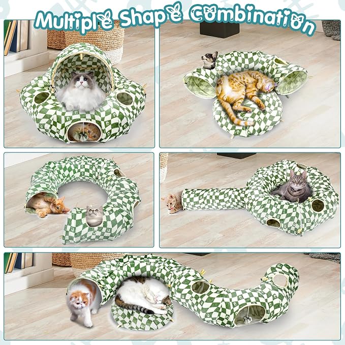 Cat Bed and Tunnel Toy - Cat Donut with Straight Tunnel, Washable Cushion, 4 Hanging Balls, 6 Peek Holes, Collapsible, Green