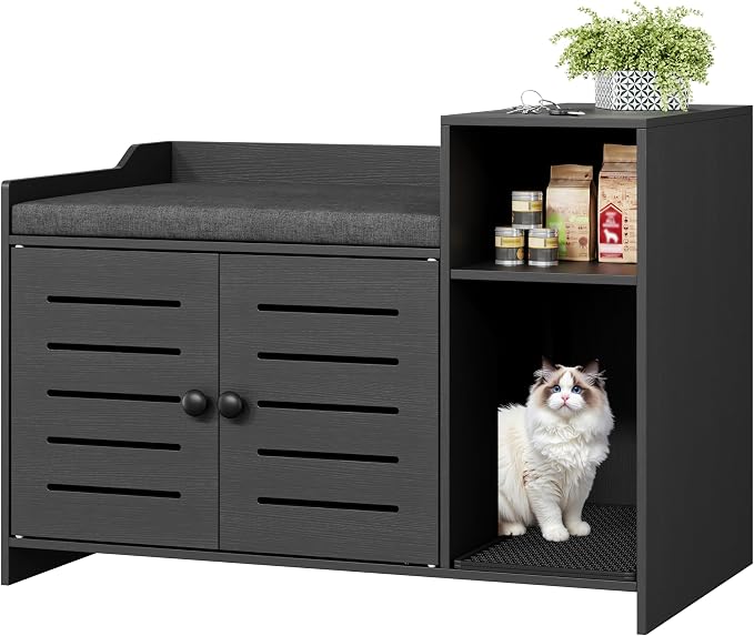 Patikuin Hidden Cat Litter Box Enclosure Cabinet with Mark Pad, Storage Shelf & Odor Control – Modern Farmhouse Indoor Cat House Furniture for Bedroom or Hallway – Black