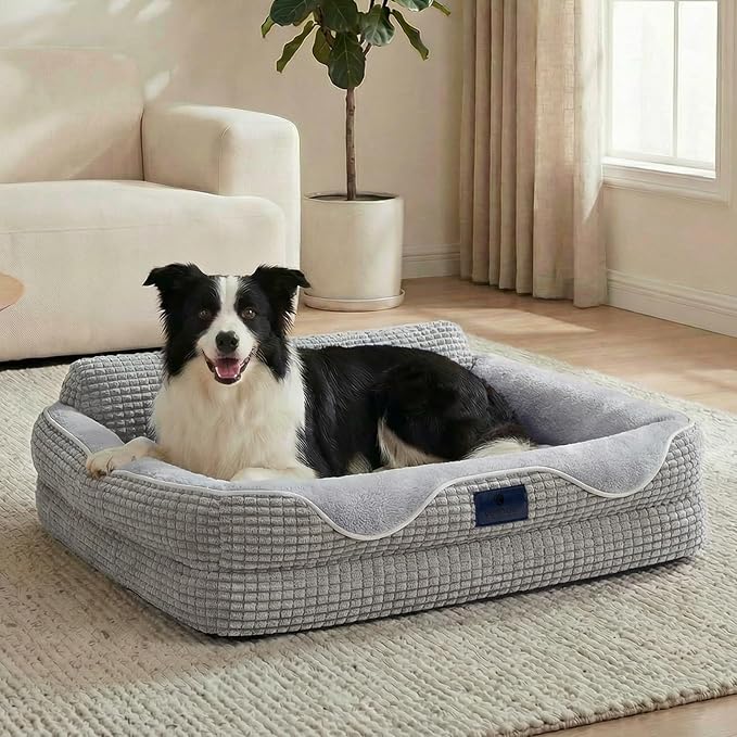 Veehoo Cute Dog Bed for Medium Dogs, Orthopedic Egg-Crate Foam Dog Bed with Sides, Removable Washable Cover & Waterproof Lining, Comfortable Pet Couch Pet Sofa Grey, 36"