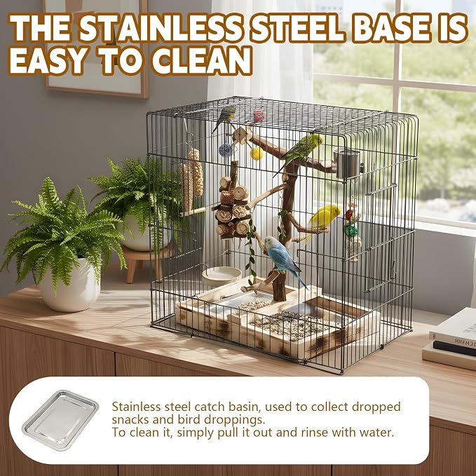 Large Bird Playground with Natural Wood perches, Suitable for Small Birds Such as Budgies, Conures, and Lovebirds. Includes Feeding Cups, a Swing, and Bird Chewing Toys.
