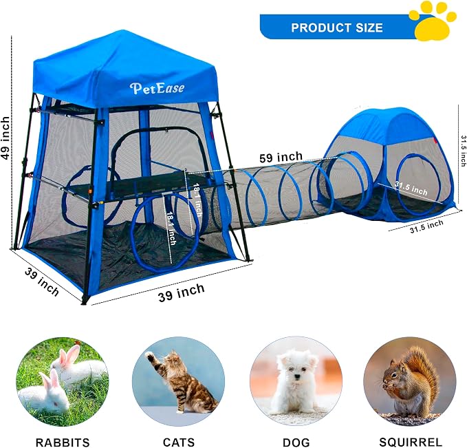 Catio Outdoor Cat Enclosure, 3-in-1 Extra Large Portable Cat Playpen with Tower Tent & Tunnel, Foldable Waterproof Mesh Catio for Indoor Outdoor Cats & Small Pets