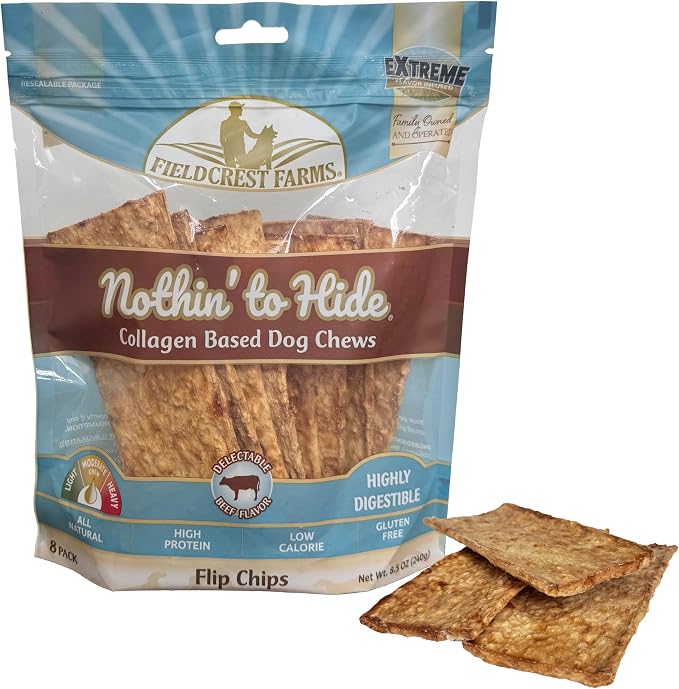 Fieldcrest Farms Nothin to Hide Flip Chips Dog Chews - Natural Rawhide Alternative Treats for Dogs, Collagen Based Snack for Moderate Chewers Up to 35lbs, Beef Flavor