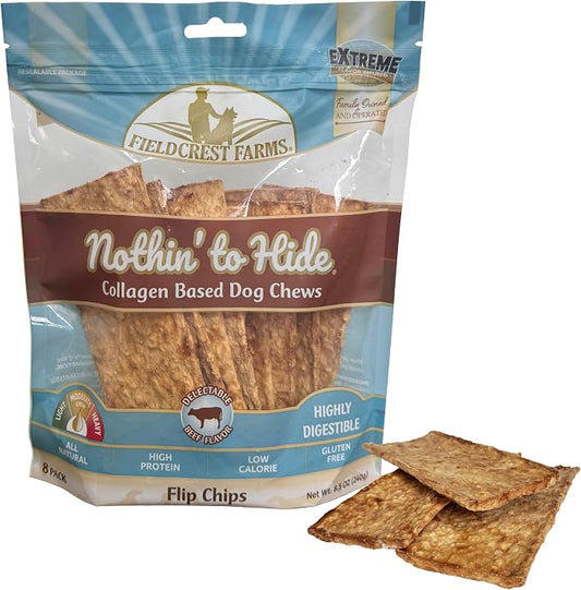Fieldcrest Farms Nothin to Hide Flip Chips Dog Chews - Natural Rawhide Alternative Treats for Dogs, Collagen Based Snack for Moderate Chewers Up to 35lbs, Beef Flavor