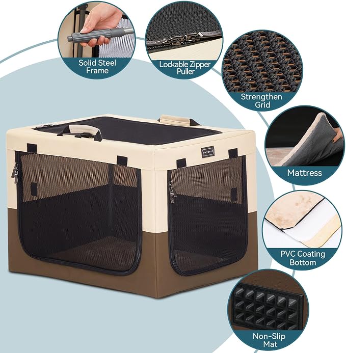PETSFIT Portable Dog Crate for Medium Dogs, – 30" Soft Dog Travel Crates with Lockable Zippers & Thicken Mat, Adjustable Patented Spiral Steel Frame, Collapsible Kennel for Indoor & Outdoor