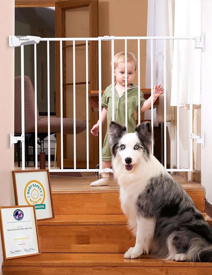 Babelio Baby Gate for Stairs, Kitchen & Doorways, No Bottom Bar| Easy Installation| One-Handed Operation| Auto-Close| Hardware Mount (Drill Needed) Safety Dog Gate (White - B17, 29-49" W, 28" H)