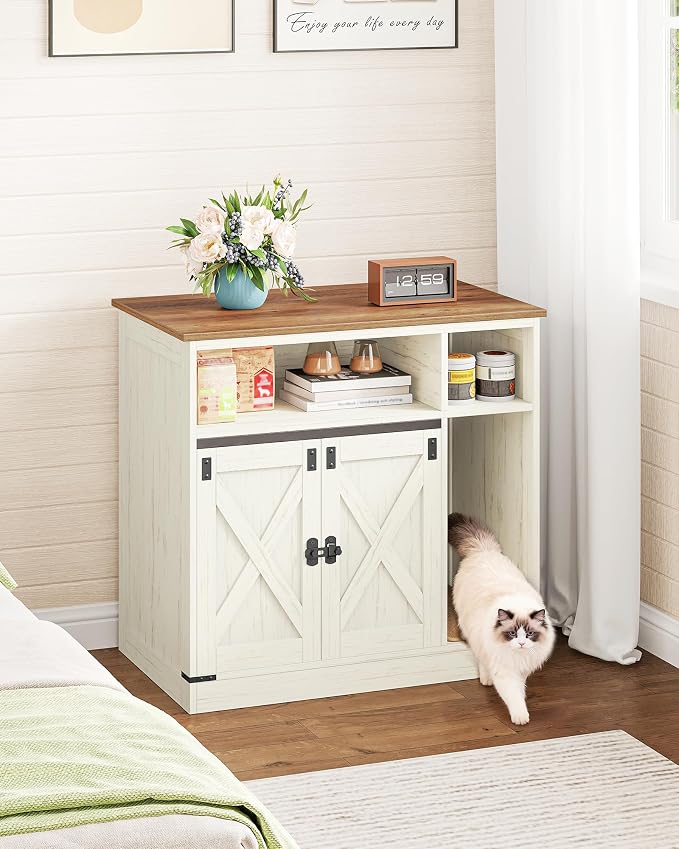 Hzuaneri Cat Litter Box Enclosure, Hidden Litter Box Furniture with Storage, Wooden Cat Cabinet with Scratch Pad, Farmhouse Cat Washroom, TV Stand End Table, Rustic Brown and White CB87514X